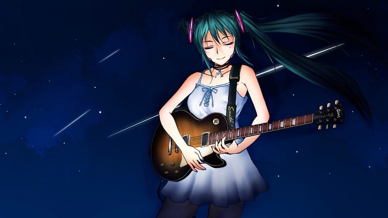☆ Music For the Stars ☆, vocaloid, instrument, night sky, pigtails, guitar, shooting stars, hatsune miku, anime, HD wallpaper