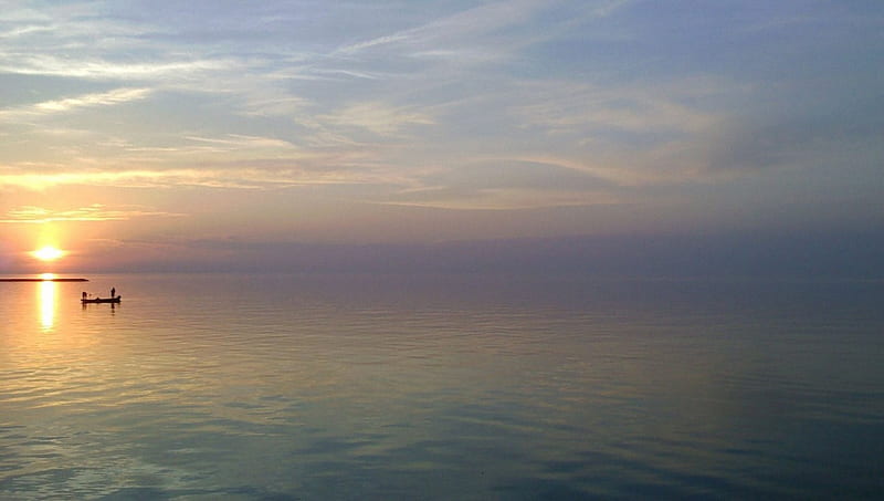 fishermen on a calm empty sea, calm, horizon, sunset, clouds, sea, HD wallpaper