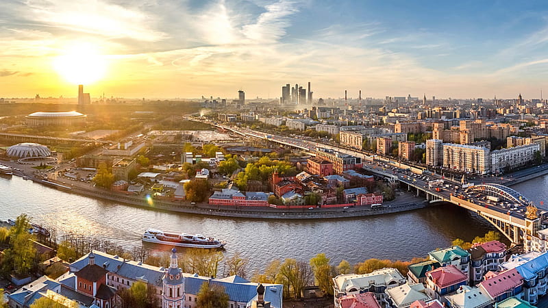 panorama, bridge, megapolis, downtown, russia, center, moscow, river, HD wallpaper