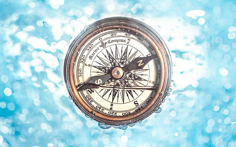old compass, blue background, retro compass, vintage things, navigation concepts, HD wallpaper