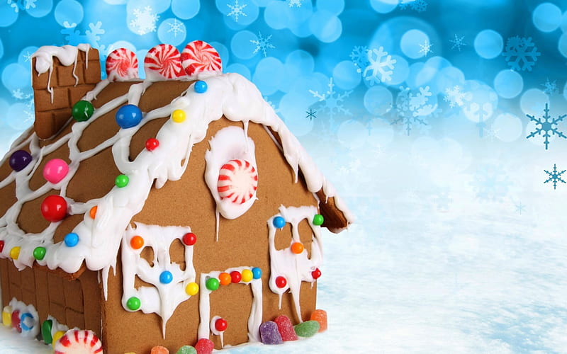 Gingerbread house, house, gingerbread, craciun, christmas, blue, winter, HD wallpaper