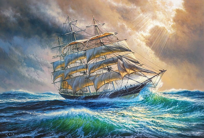 Sailing Against all Odds, waves, sailship, painting, sea, clouds, sky, HD wallpaper