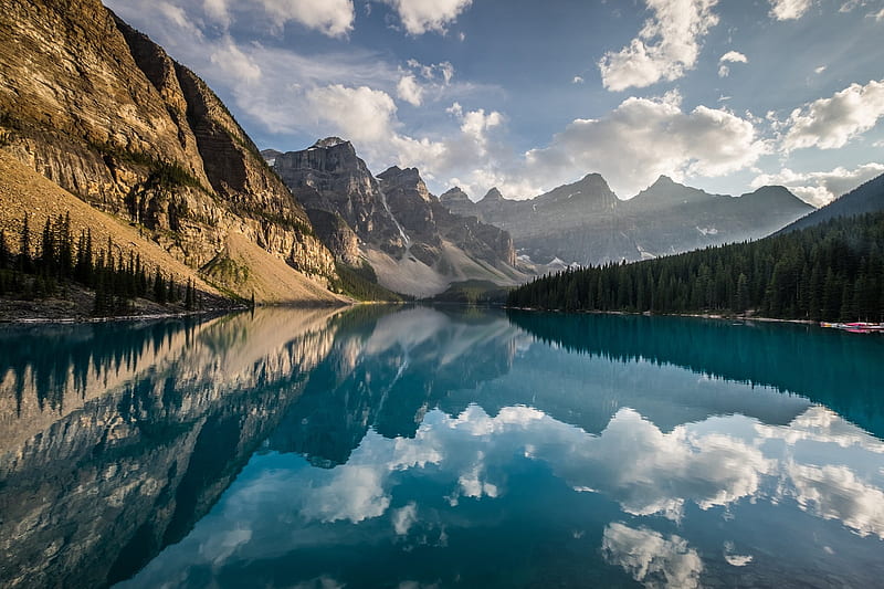 Moraine Lake, Alberta, Canada, mountains, reflection, clouds, sky, Banff NP, HD wallpaper