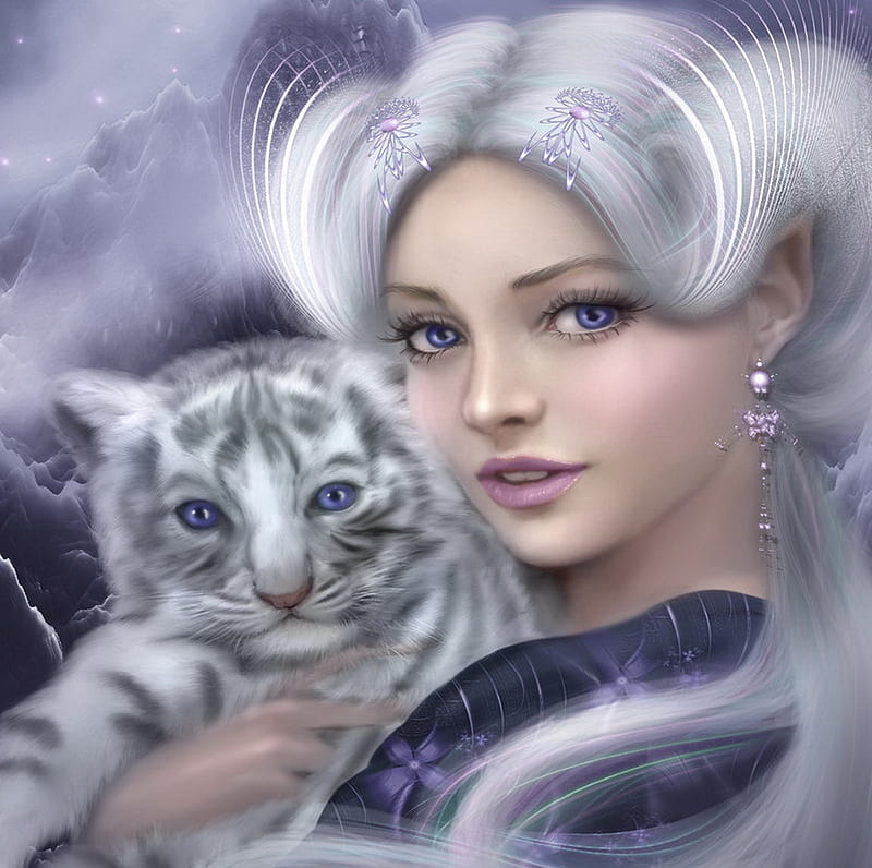 legend of the white tiger, fantasy, girl, elf, beauty, tiger, HD wallpaper