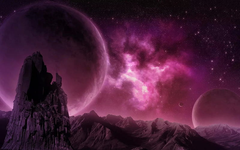 Planets and nebula, fantasy, purple, planet, rock, nebula, space, pink, HD wallpaper