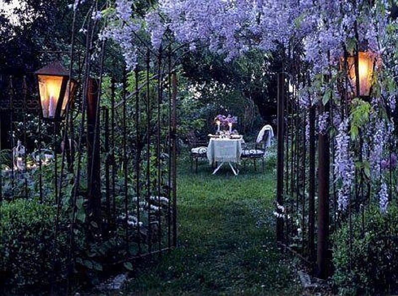 garden dinner by the candelight, dinner, garden, nature, candelight, table for two, HD wallpaper