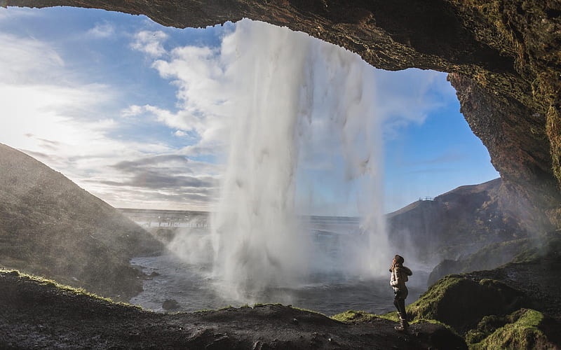 Skogafoss Falls, Iceland, waterfall, girl, Iceland, Skogafoss, HD wallpaper
