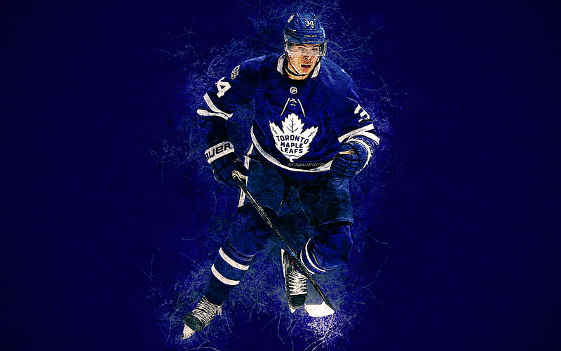 Auston Matthews art, American hockey player, Toronto Maple Leafs, paint art, grunge style, NHL, USA, creative art, blue grunge background, HD wallpaper