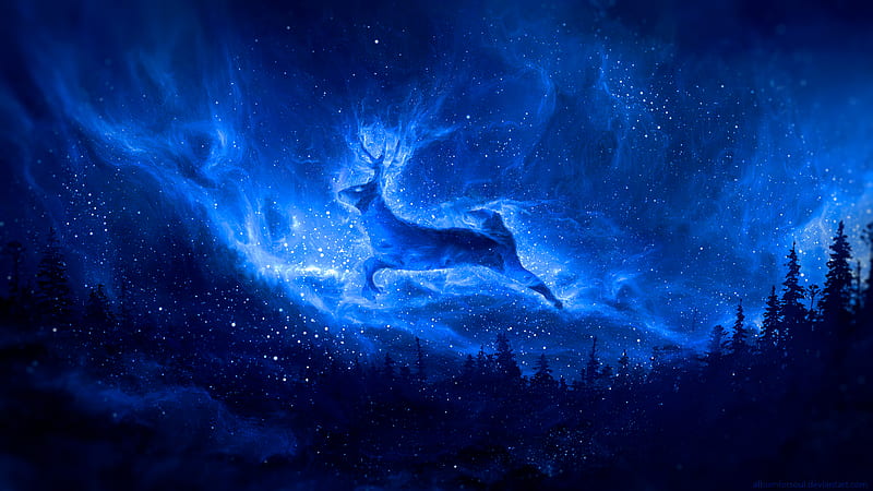 deer, silhouette, starry sky, art, fantasy, HD wallpaper