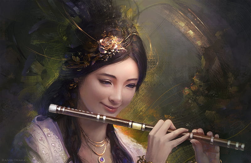 Flute, art, frumusete, luminos, fantasy, instrument, girl, hand, raivis draka, HD wallpaper