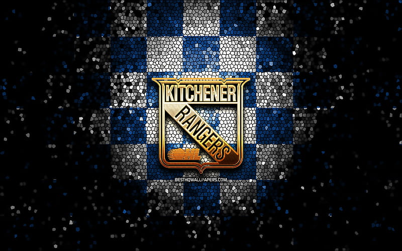 Kitchener Rangers, glitter logo, OHL, blue white checkered background, hockey, canadian hockey team, Kitchener Rangers logo, mosaic art, Canada, HD wallpaper