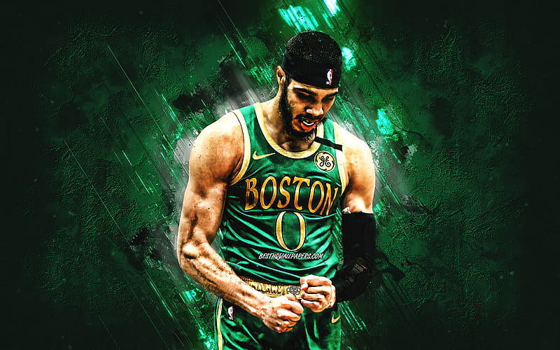 Jayson Tatum, Boston Celtics, National Basketball Association, american basketball player, portrait, basketball, green stone background, NBA, USA, HD wallpaper