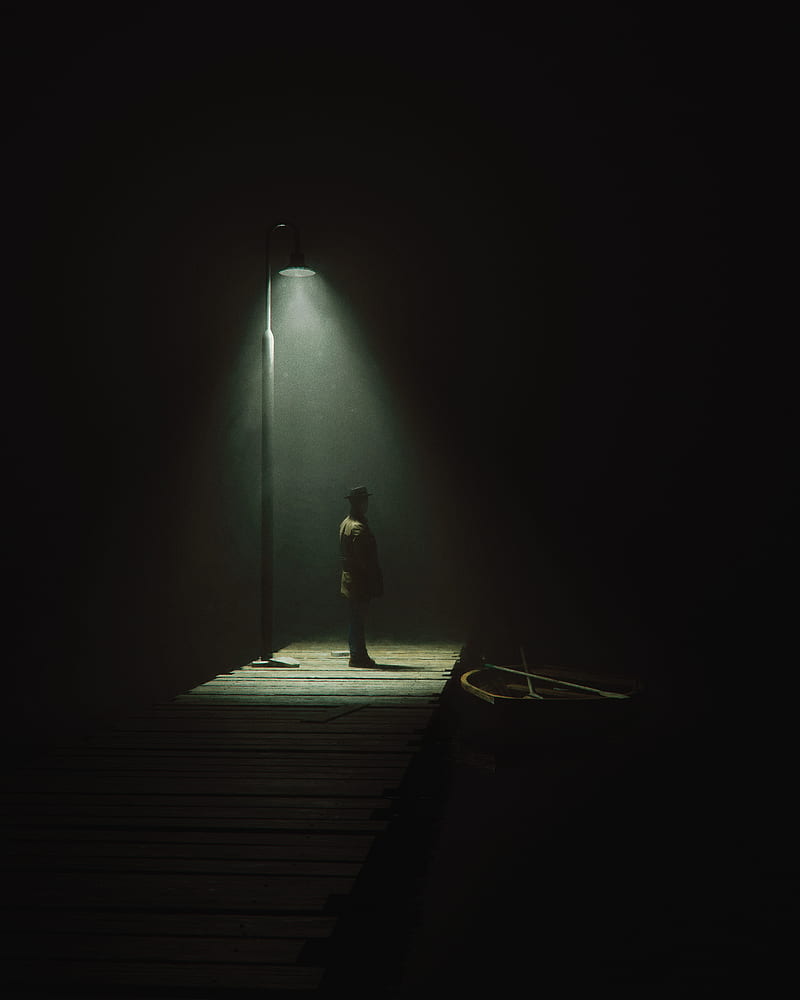 man, boat, lantern, alone, art, HD phone wallpaper