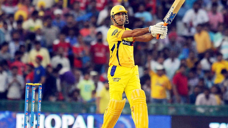 MS Dhoni With Bat Is Wearing Yellow Sports Dress In Blur Crowds Background Dhoni, HD wallpaper