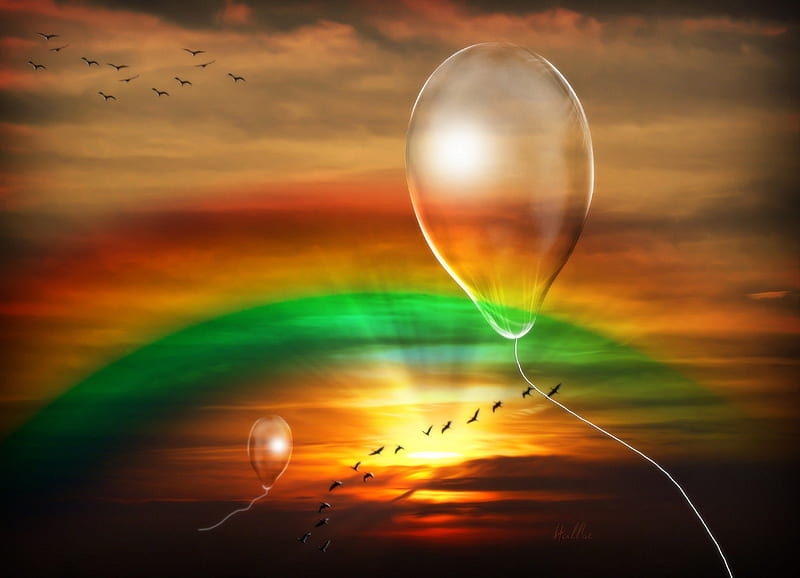 ✫Letting the Rainbow✫, stunning, conceptual, softness beauty, bonito, rainbow, digital art, clouds, manipulation, sunsets, flying birds, colors, love four seasons, creative pre-made, sky, balloons, sunshine, nature, HD wallpaper