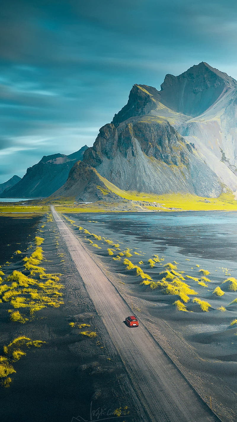 Long road, blue sky, car mountain, mountains, nature, sky, HD phone wallpaper