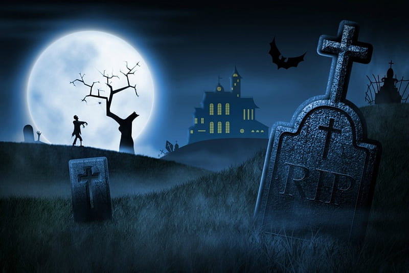 Spooky Cemetery, fence, house, spider, graves, moon, web, full moon, bat, crosses, hand, graveyard, Halloween, hills, cemetery, tombstones, arm, spider web, zombie, tree, HD wallpaper