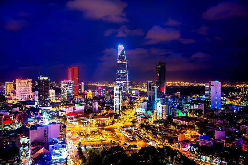 Cities, Night, City, Skyscraper, Building, Light, Cityscape, Vietnam, Ho Chi Minh City, HD wallpaper
