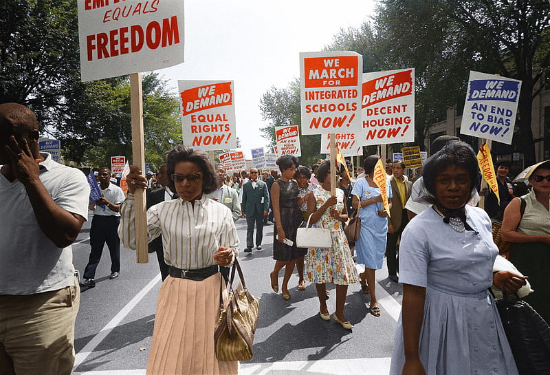 Demonstrators walk along a street holding signs demanding the right to vote and equal civil rights at the March on Washington, HD wallpaper
