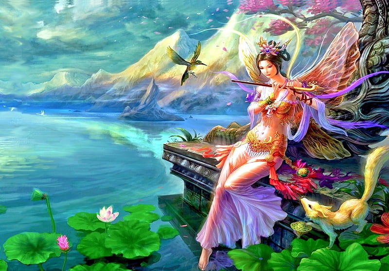 Inner Peace, colorful, fantasy, water, music, peaceful, woman, fairy, HD wallpaper
