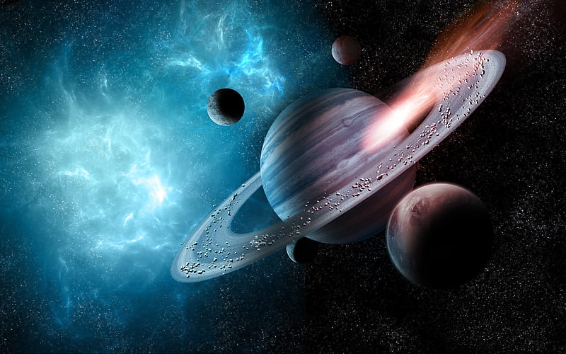 Saturn, asteroids, solar system, planets, galaxy, sci-fi, stars, HD wallpaper