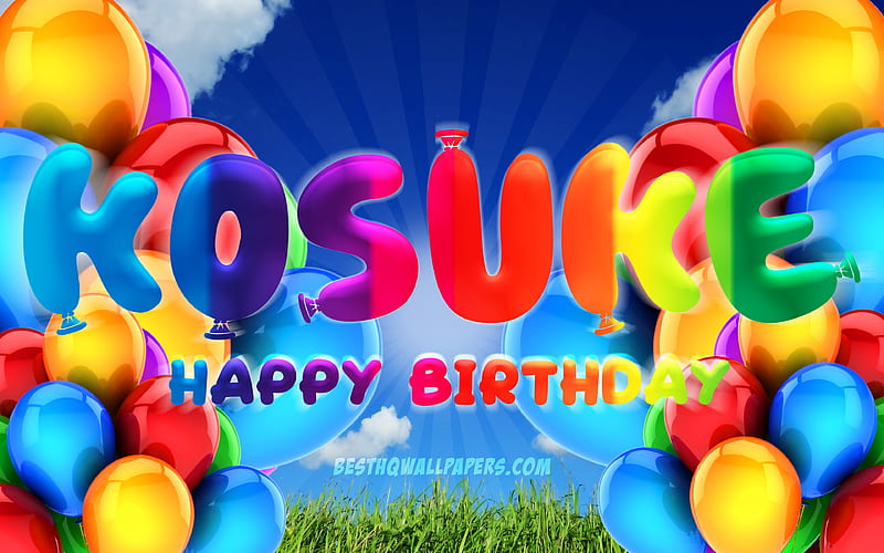 Kosuke Happy Birtay cloudy sky background, Birtay Party, colorful ballons, Kosuke name, Happy Birtay Kosuke, Birtay concept, Kosuke Birtay, Kosuke, HD wallpaper