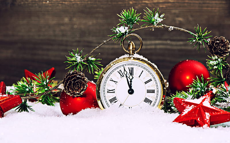 Happy New Year, clock, xmas decorations, red ball, fir branches, Christmas, New Year concept, HD wallpaper