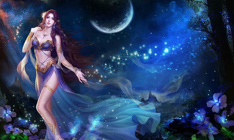 Nocturna, moon, luminos, game, league of legends, fantasy, moon, girl, flower, blue, night, HD wallpaper