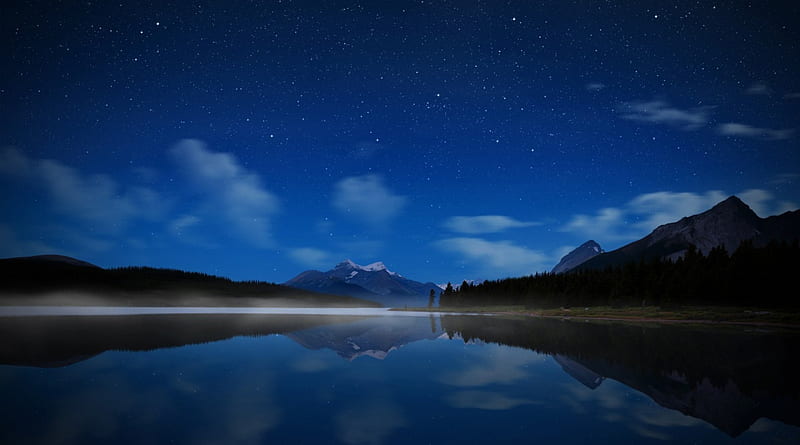 starry night over mountain lake, stars, mountains, reflections, sky, lake, night, HD wallpaper