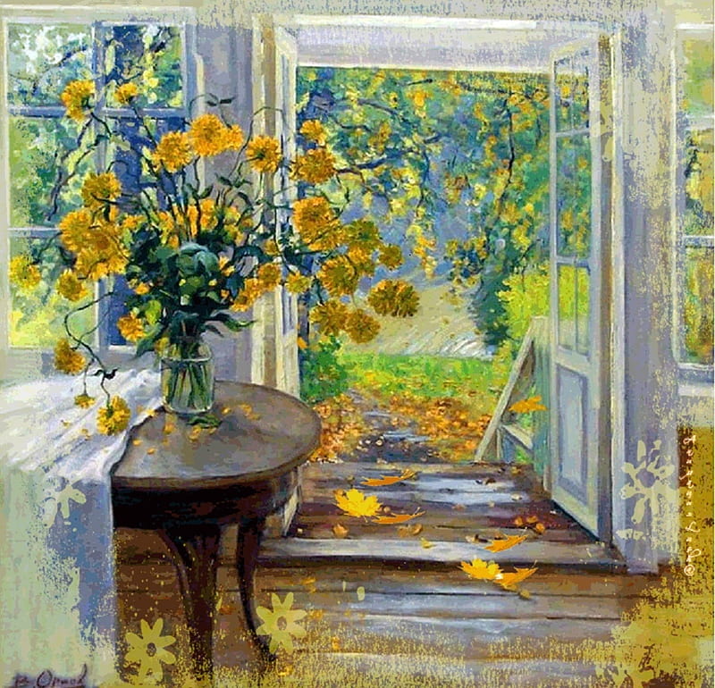 fall season trough a window, painting, fall season, window, abstract, HD wallpaper