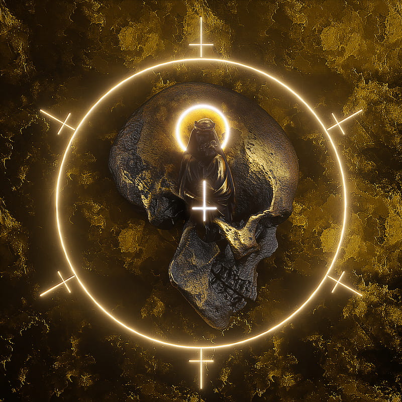 artwork, digital, religion, colorful, gold, skull, billelis, HD phone wallpaper
