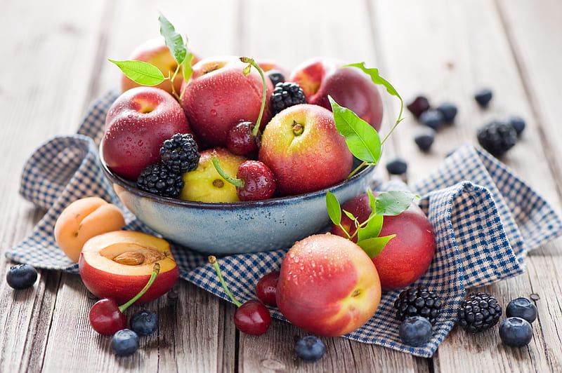 Fresh Fruits, food, fruits, sweet, fruit, graphy, berries, blueberry, peaches, cherry, bowl, blue, HD wallpaper