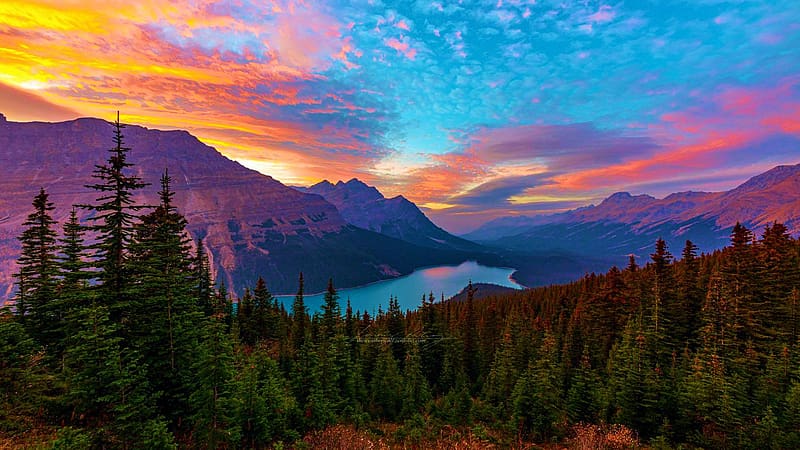 Peyto Lake, Banff National Park, mountains, sunset, landscape, colors, sky, alberta, canada, HD wallpaper