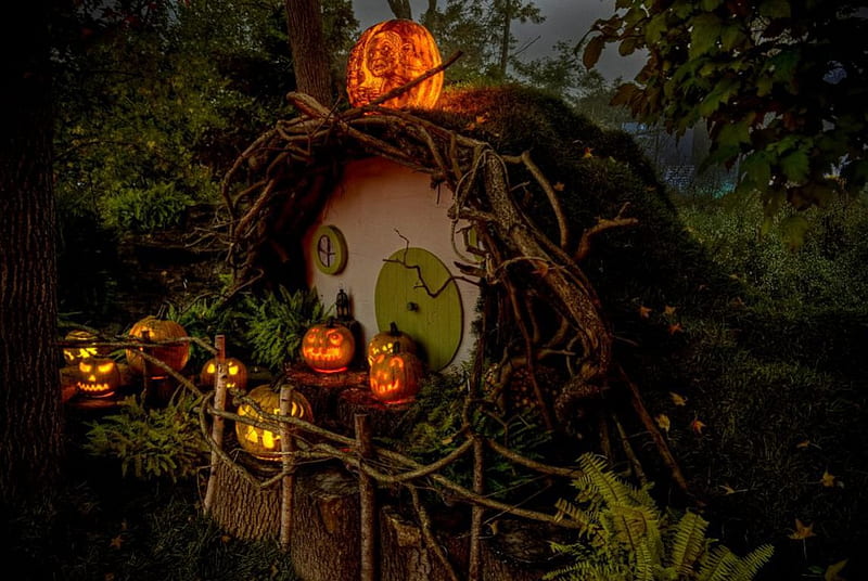Witches Home, halloween, pumpkin, scary, face, artwork, night, light, HD wallpaper