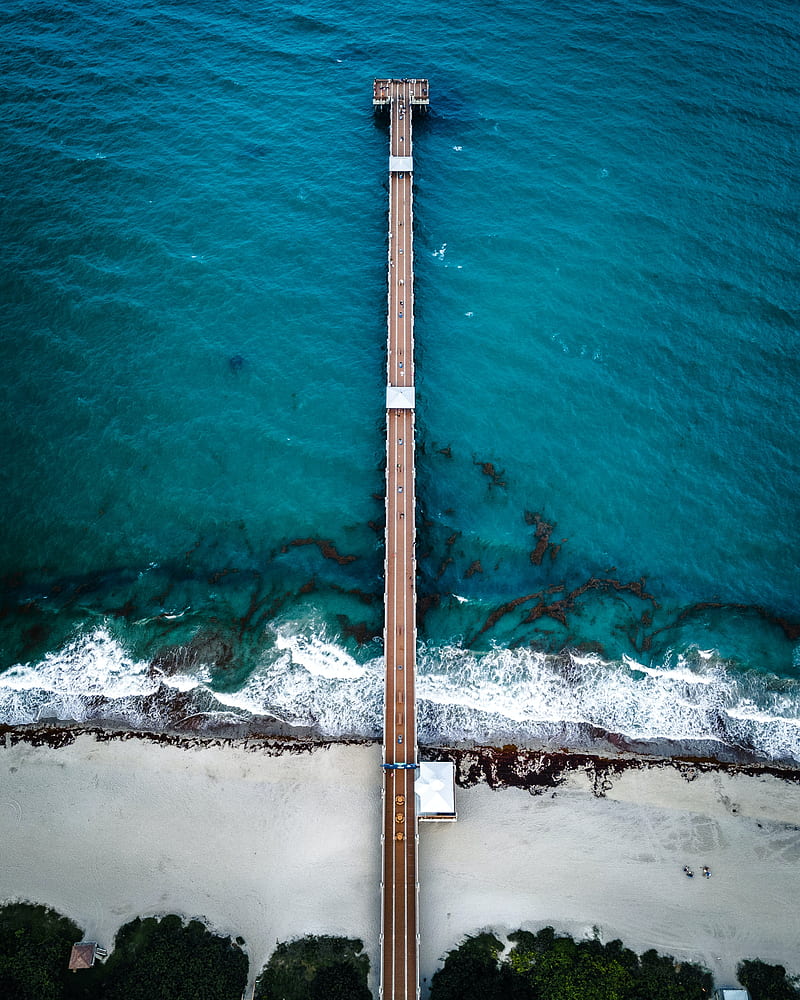 pier, beach, waves, aerial view, sea, HD phone wallpaper