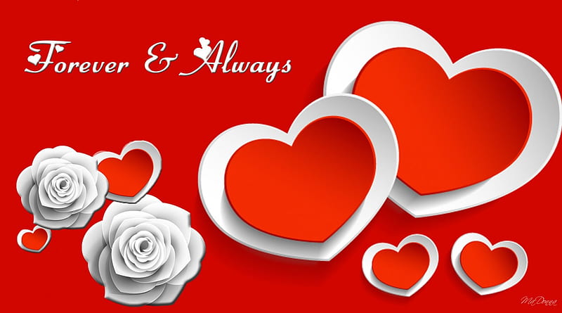 Paper Hearts and Roses, Forever and Always, red, romantic, cut out, roses, corazones, Valentines Day, 3D, love, flowers, paper, HD wallpaper