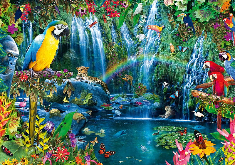 Parrot Tropics, flowers, waterfall, butterflies, parrots, painting, HD wallpaper