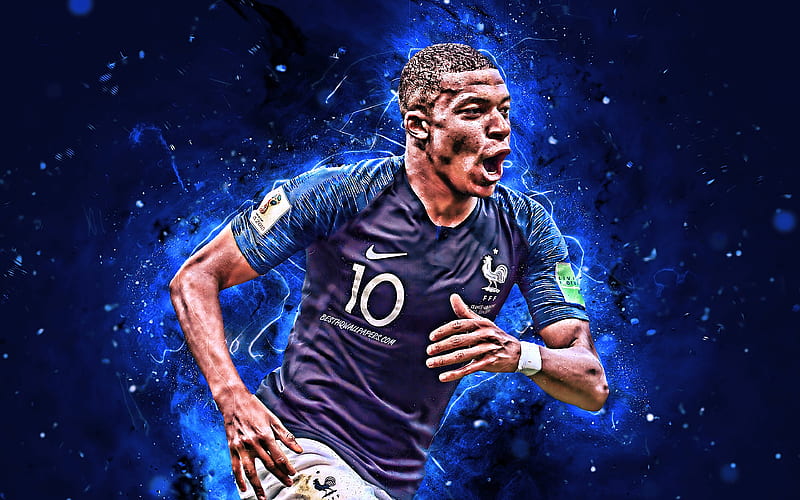 Kylian Mbappe french footballers, FFF, abstract art, France National Team, Mbappe, Dembele, soccer, football, neon lights, French football team, HD wallpaper