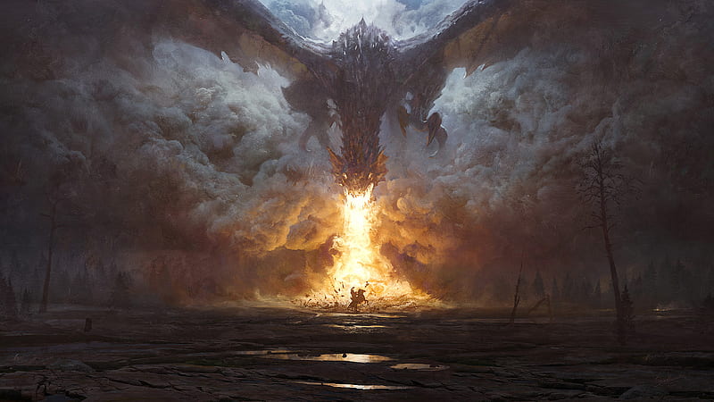 Fantasy Dragon Is Breathing Fire On Land Dreamy, HD wallpaper