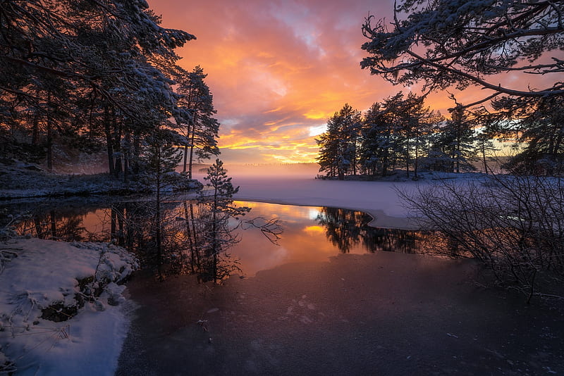 norway, ringerike, sunset, snow, field, scenery, lake, Landscape, HD wallpaper
