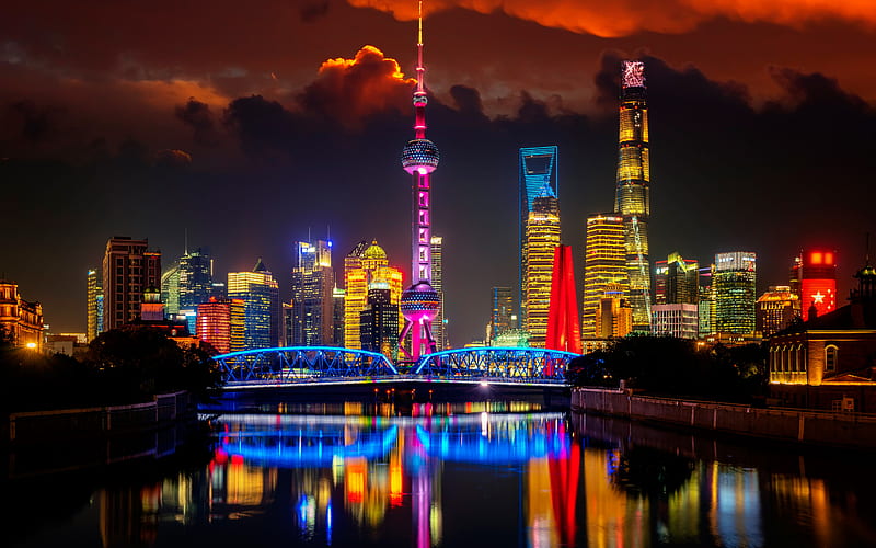 Shanghai, Oriental Pearl Tower, Jin Mao Tower, Shanghai Tower, night, skyscrapers, modern buildings, Shanghai cityscape, China, HD wallpaper