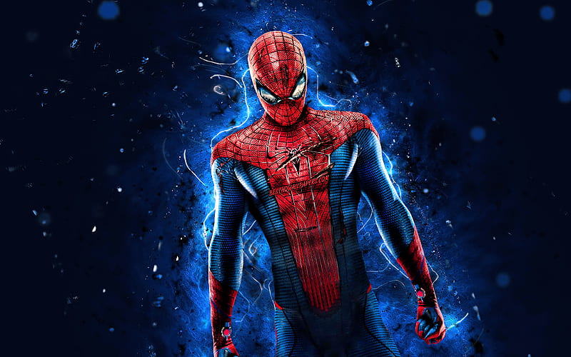 Spiderman blue neon lights, superheroes, Marvel Comics, Spider-Man, creative, Spiderman, HD wallpaper