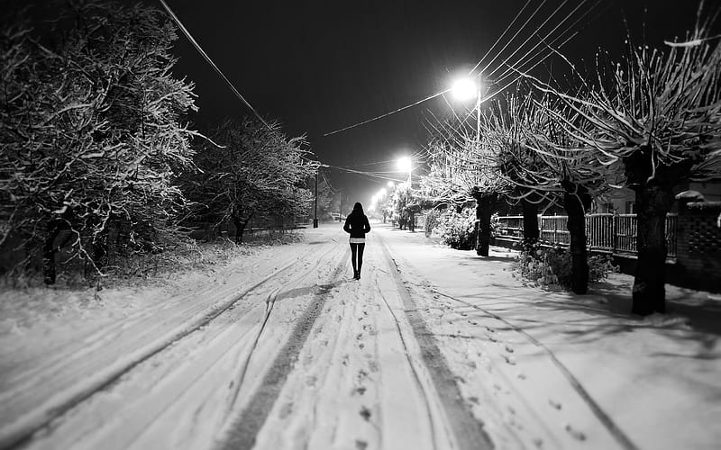 graphy, Black & White, Monochrome, Road, Snow, Walking, Winter, Woman, HD wallpaper