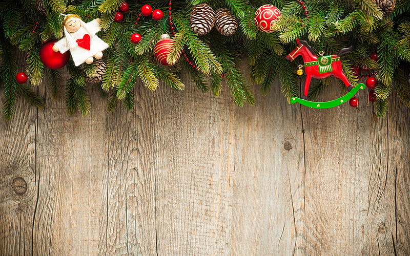 Merry Christmas!, red, deco, craciun, christmas, angel, toy, horse, card, green, wood, HD wallpaper