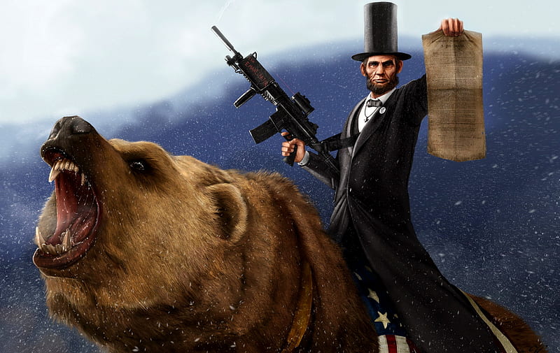 ABRAHAM LINCON RIDING A GRIZZLY BEAR, abraham lincoln, automatic, snow, bear, proclamation, HD wallpaper
