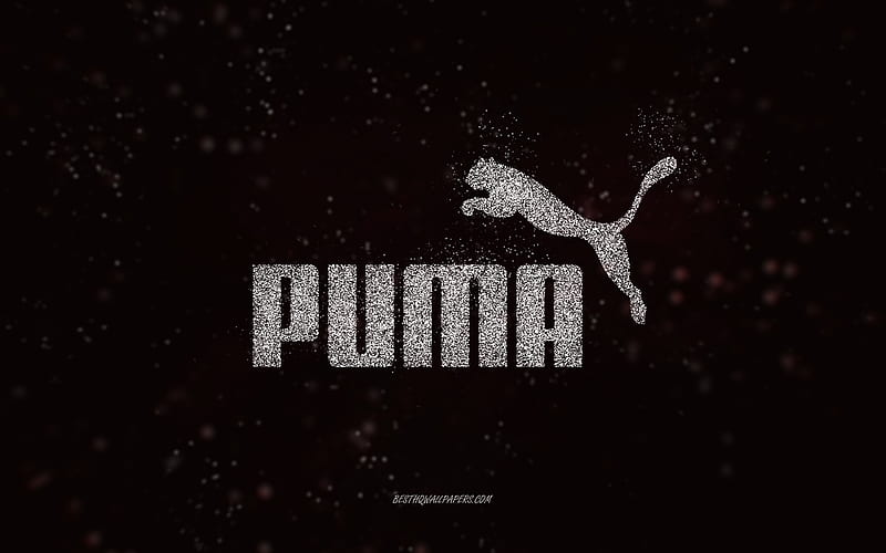 Puma glitter logo, black background, Puma logo, white glitter art, Puma, creative art, Puma white glitter logo, HD wallpaper