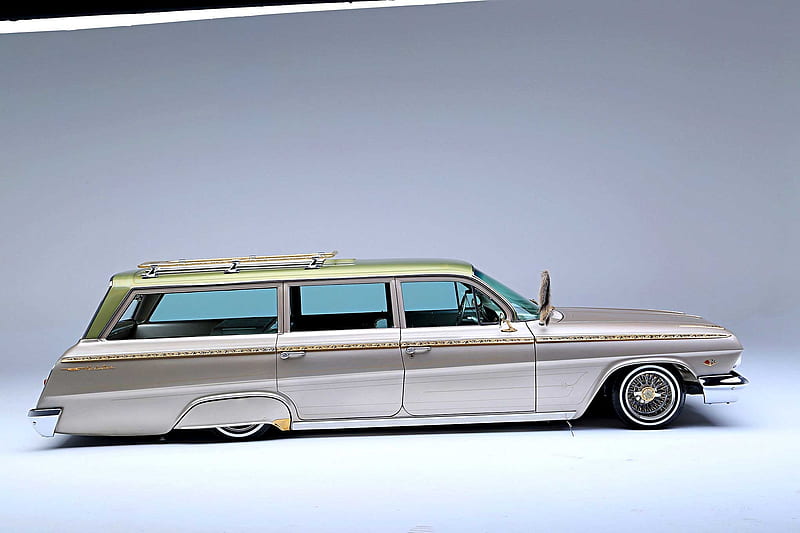 1962-Chevrolet-Bel-Air-Wagon, Classic, GM, Custom, Lowrider, HD wallpaper