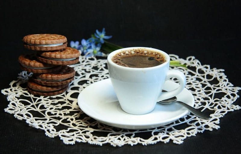 Coffee Time, embroidered doily, sweet moment, spoon, saucer, cup, biscuits, HD wallpaper