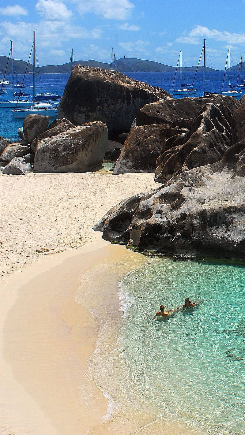 Caribbean Coast, beach, sail boats, shore rocks, HD phone wallpaper