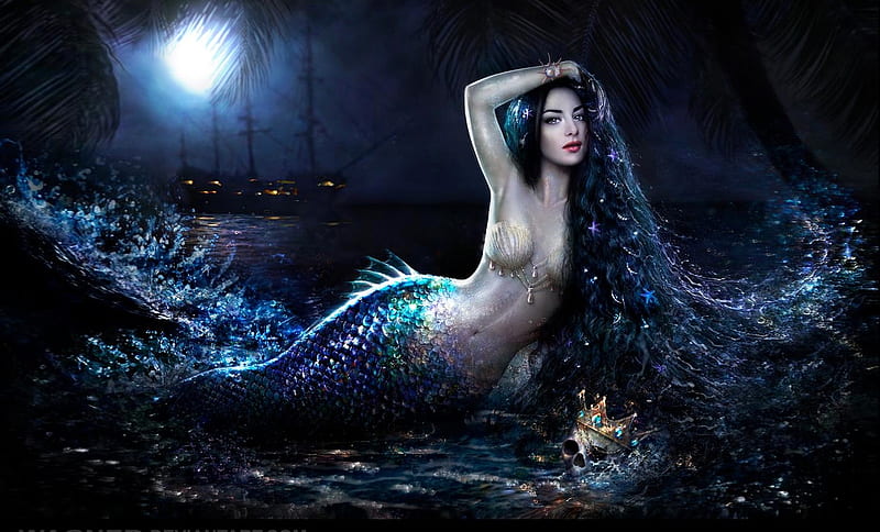 Mermaid Under The Moon, sensuous, moon, Mermaid, ocean, digital, mythical, sea, bonito, unearthly, sultry, HD wallpaper